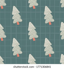 Seamless pattern with grey christmas tree on green chequered background. Winter design. Vector illustration. For fabric design, textile print, wrapping, cover.