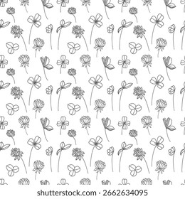 Seamless pattern with grey clover on white background. Hand-drawn clover flowers and buds. Cute ornament for wallpaper, fabric, card.