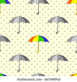 Seamless pattern with grey and colorful umbrellas and raindrops