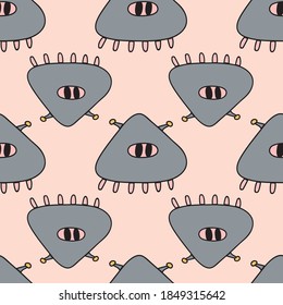 Seamless pattern with grey doodle monsters at pink background. Vector illustration. Perfect for kids bedroom, nursery decoration, posters, wrapping paper and wall decorations.