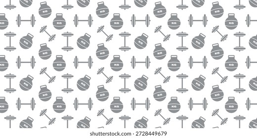 Un patrón sin fisuras de pesas grises y pesas rusas, algunas marcadas con "KG", esparcidas al azar sobre un fondo blanco, simbolizando la forma física, la fuerza y una rutina de entrenamiento saludable.