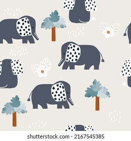 Seamless pattern with grey elephants and palm trees. Summer jungle print. Vector hand drawn illustration.