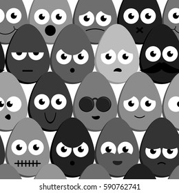 Seamless pattern of grey emoticons on eggs.
