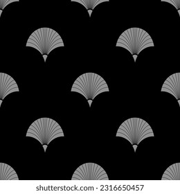 Seamless pattern with grey fans on black background. Vector illustration. Art deco style. Vintage print.