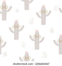 Seamless pattern with grey funny cactus character. Childish summer print. Vector hand drawn illustration.