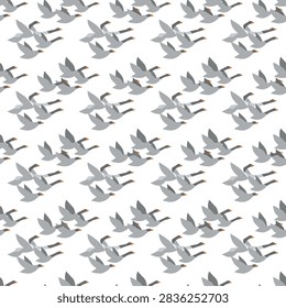 Seamless pattern of grey geese flying in formation, flat design vector illustration
