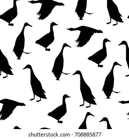 Seamless pattern with grey goose and Indian Runner duck. Stylized black silhouettes. svg