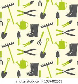 Seamless pattern with grey and green gardening hand tools on yellow background. Backdrop with equipment for crop cultivation, agricultural work and plant growing