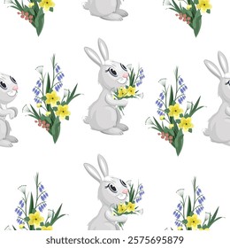 Seamless pattern of grey hares with a bouquet of wildflowers on a white background.Vector pattern for children's textiles, paper,wallpaper,and holiday designs.