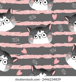 Seamless pattern with grey head of cats on striped background. Vector illustration for children.