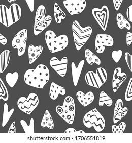Seamless pattern of grey hearts. Valentines day background. Grey colored wallpaper for february 14 celebration and wedding. Print on paper. Scandinavian style. Vector illustration