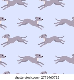Seamless pattern with grey Italian Greyhound dogs in a jumping or running dynamic pose set against a solid light blue background. The repetitive sequence captures the athletic movement and slender physique of the sighthound breed. 
