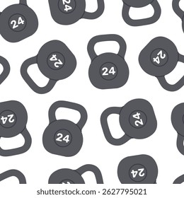 Patrón sin fisuras con kettlebells grises sobre fondo blanco. Peso para fitness y deporte. Equipamiento deportivo para ejercicios de fuerza, entrenamiento muscular. Entrenamiento en el gimnasio. Ilustración plana de Vector