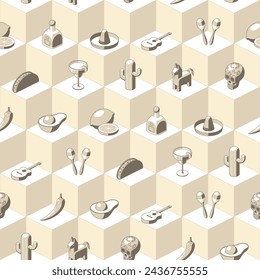 Seamless pattern of grey mexico related icons on isometric background