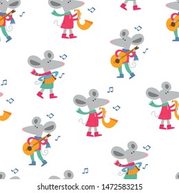 Seamless pattern with grey mice playing musician instruments: guitar, saxophone, harmonica