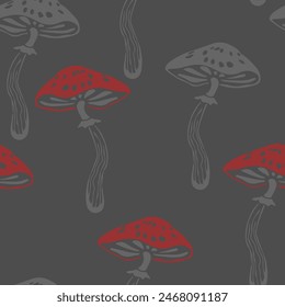 seamless pattern grey mushrooms on dark grey background