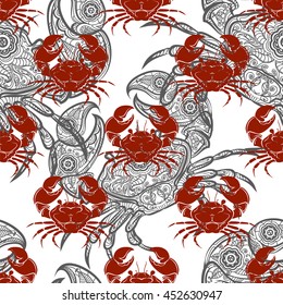 Seamless pattern with grey ornamental and red crabs. Vector illustration