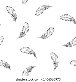 Seamless pattern with grey outline of bird feathers. Hand drawn vector illustration