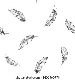 Seamless pattern with grey outline of bird feathers. Hand drawn vector illustration