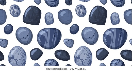 Seamless pattern with grey pebbles or natural stones with speckled, striped marble textures. Cartoon smooth cobblestone paving background. Glossy granite gravel, minerals vector illustration on white