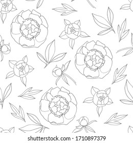 Seamless pattern with grey peony flowers and leaves. Vector Hand drawn doodle illustration. For scrapbooking, packaging, fabrics, wallpaper, textiles.