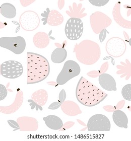 Seamless pattern  with grey and pink fruits. Pastel kids print. Vector hand drawn illustration.