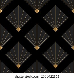 Patrón sin foco con rhombus gris y elementos dorados sobre negro. Ilustración vectorial. De estilo Art Deco.