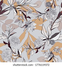 Seamless pattern with grey roses and leaves on light background. Tropical flowers, lily. Vector illustration with plants. Gentle pastel colors. EPS 10