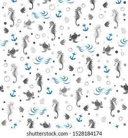 Seamless pattern. Grey seahorses, turtles, bobbles and fish and blue  anchors and waves on white backround. Vector illustration.