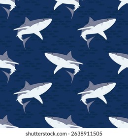 Seamless pattern with with a grey shark on deep blue background. For ocean-themed textiles, wallpapers and packaging, postcards or covers.