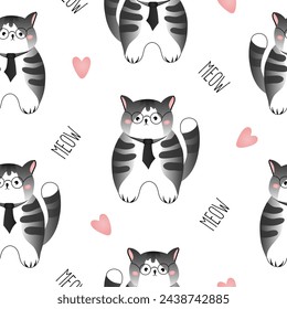 Seamless pattern with grey striped cats on white background. Vector illustration for children.