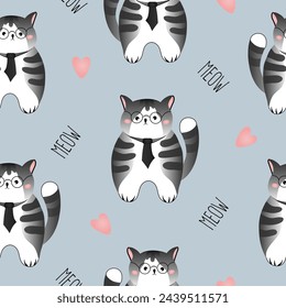 Seamless pattern with grey striped cats on grey-green background. Vector illustration for children.