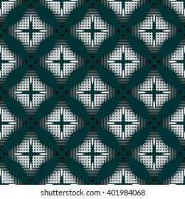 Seamless pattern with grey symmetrical stars made of rhombus with crosses inside on green background.