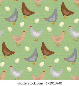 Seamless pattern with grey, tan, brown, light grey chicken and white eggs in green grass lawn. Suitable for packaging design, shop displays, wrapping paper, textile.