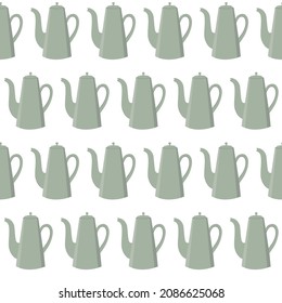 Seamless pattern of grey teapots on white background. Retro teapot in flat style. Kitchen utensil background. Vector illustration