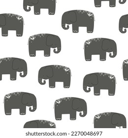 Seamless pattern with grey textured elephants. Cute childish print. Vector hand drawn illustration.