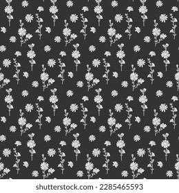 Seamless pattern with grey wildflowers on a black background. Floral print with cornflowers, chicory. Template for textile design, postcards, scrapbooking.