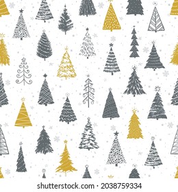 Patrón sin foco con árboles de navidad de doodles dorados grises y amarillos. Se puede usar para papel tapiz, rellenos de patrones, textil, fondo de página web, texturas superficiales