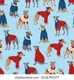 Seamless pattern with greyhounds in clothes. Vector graphics.