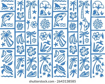 Seamless pattern grid of blue and white tropical block print icons. Palm trees, turtles, fish, hibiscus and more. Fun, hand-drawn Hawaiian design for summer fashion and beach decor