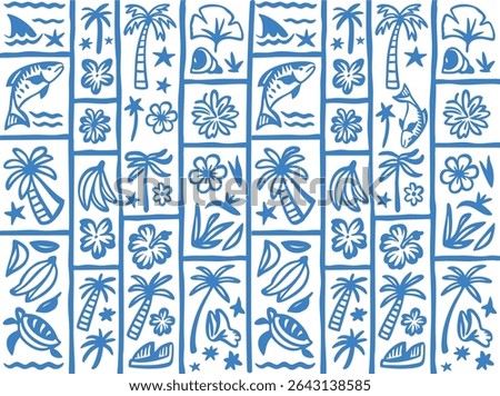 Seamless pattern grid of blue and white tropical block print icons. Palm trees, turtles, fish, hibiscus and more. Fun, hand-drawn Hawaiian design for summer fashion and beach decor