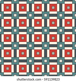 Seamless pattern with grid geometric ornament. Repeated square and stripes abstract background. Retro colors surface texture. Digital paper, textile print, page fill. Vector art
