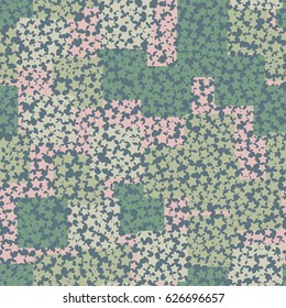 Seamless pattern. A grid of holes in the form of five-pointed stars. The background of randomly scattered rounded squares.  Pink, green, gray-green.