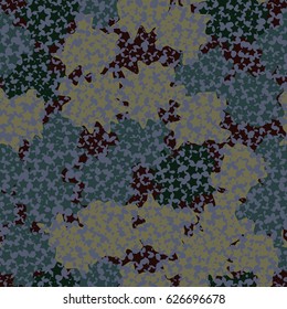 Seamless pattern. A grid of holes in the form of five-pointed stars. The background of randomly scattered spots. Green, brown, gray, yellow-green.