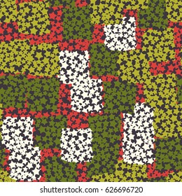 Seamless pattern. A grid of holes in the form of five-pointed stars. The background of randomly scattered uneven squares.  Red, white, green, brown.