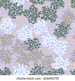 Seamless pattern. A grid of holes in the form of five-pointed stars. The background of randomly scattered spots. Beige, blue, white, green, brown.