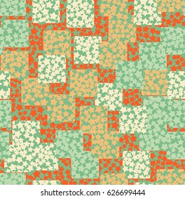 Seamless pattern. A grid of holes in the form of five-pointed stars. The background of randomly scattered rounded squares. Yellow, red, green, orange, beige.