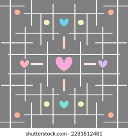 Seamless pattern grid pastel wired with little colorful heart. Carnival theme park, cute design for board game  kids. Vector.