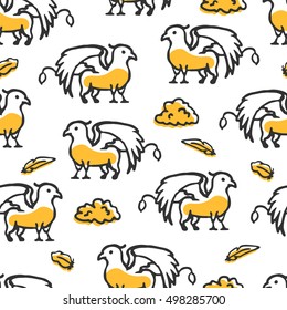 Seamless pattern with griffin and clouds. Cute little cartoon mythical beast. Yellow griffin with clouds and feathers