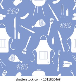 Seamless pattern with grill and barbecue tools. BBQ party background. Design for party card, banner, poster or print.